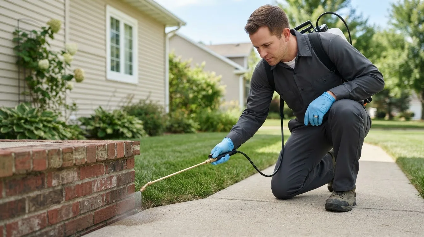 Pest control technician treating a home near North Conway, NH