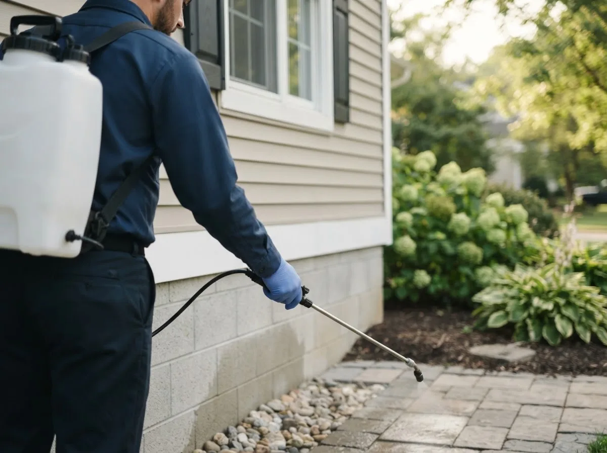 Pest control technician inspecting a home in North Conway, NH